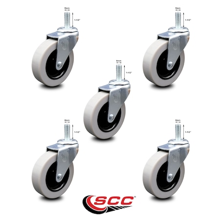 Service Caster 3 Inch Thermoplastic Wheel 8mm Threaded Stem Caster Set with Brakes SCC, 5PK SCC-TS05S310-TPRS-M815-5
